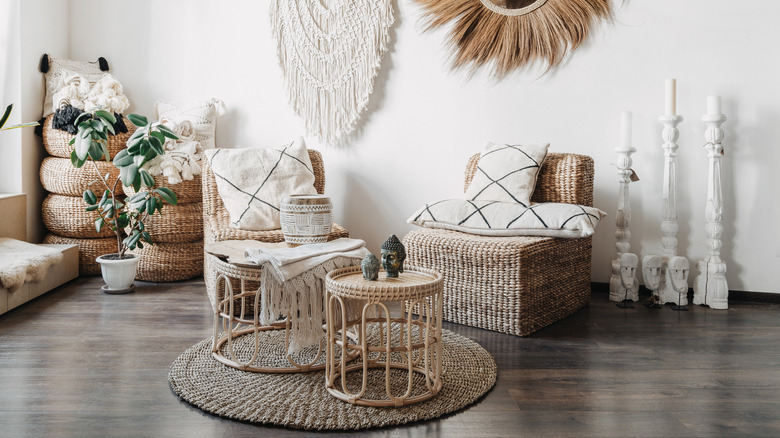 boho styled room with woven furniture