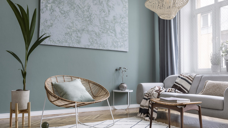 living room with blue walls 