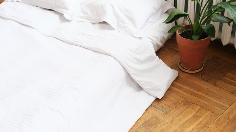 A white bed duvet placed on an air mattress