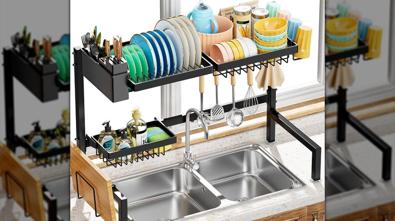 Dishes are stored on an over-the-sink draining rack