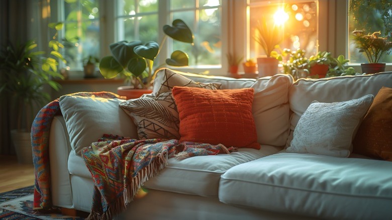 A light-colored couch with bright orange and white throw pillows and a brightly colored blanket.