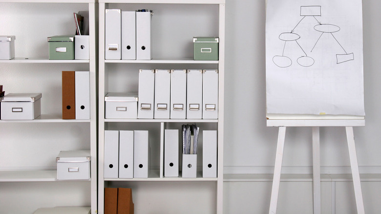 Paper filing systems on shelves
