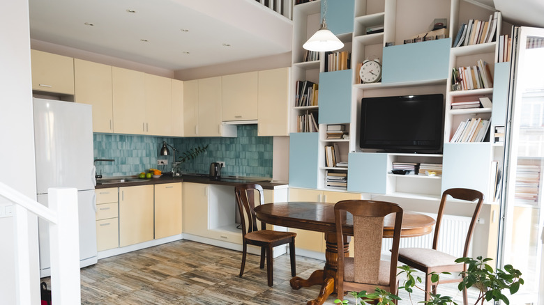 kitchen with build-in bookshelf