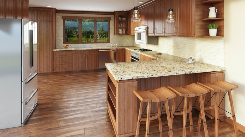 kitchen with shelves in cabinets