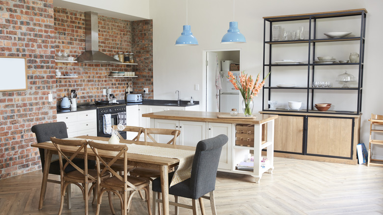 kitchen with blue hanging lights