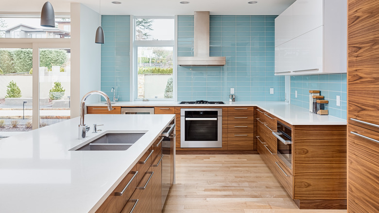 kitchen with blue backsplash