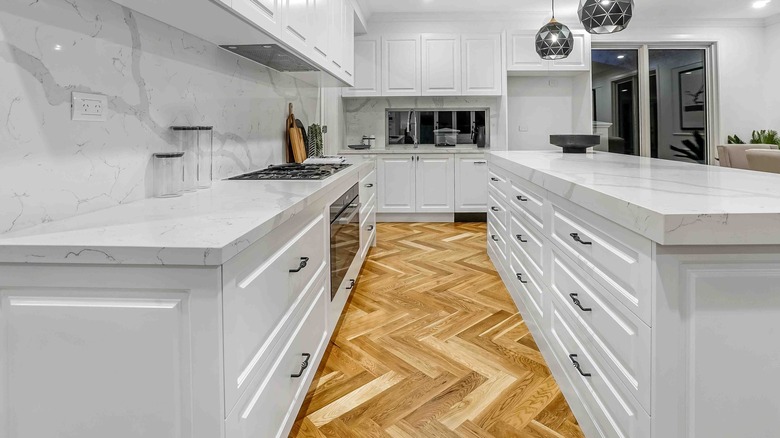 kitchen with herringbone flooring