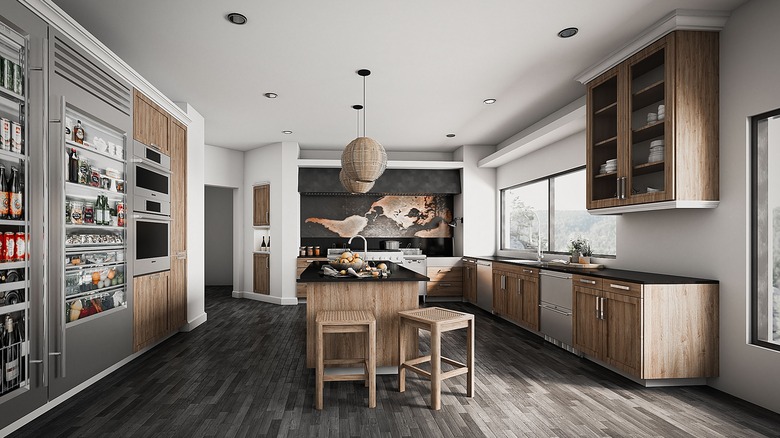 wood kitchen with large refrigerator