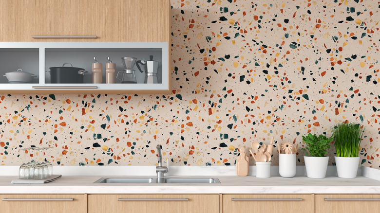 kitchen with terrazzo backsplash