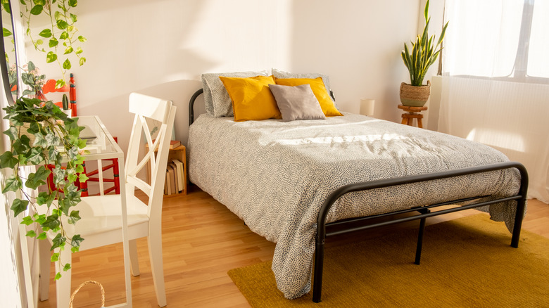 Bed on a platform bed frame in a bright modern room with a desk and plant decor