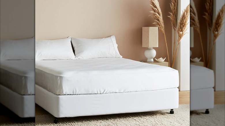 View of a clean white bed with a fitted sheet on both the mattress and box spring