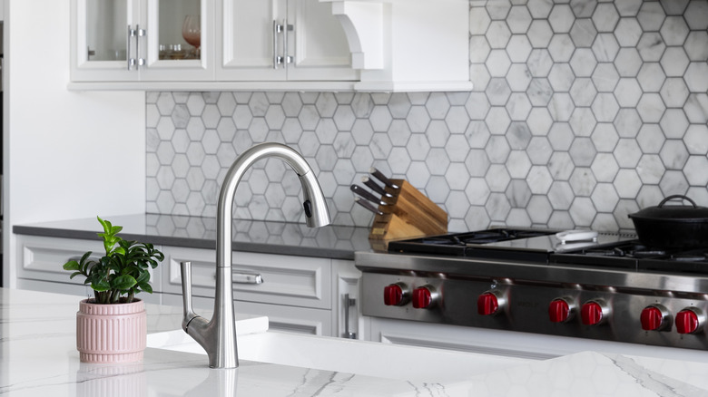 A high-arc faucet in a kitchen