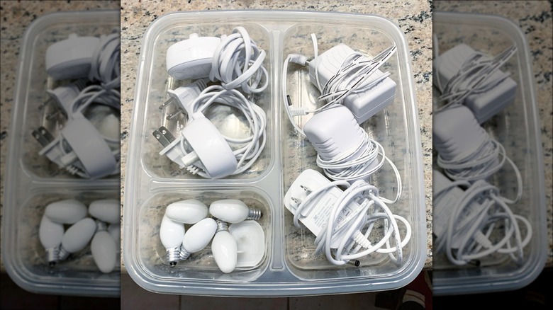 charging cords in food storage container