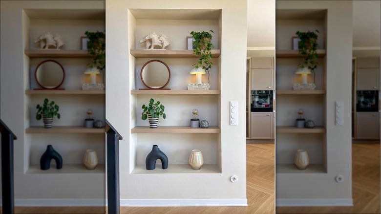 built-in bookshelf with wood shelves