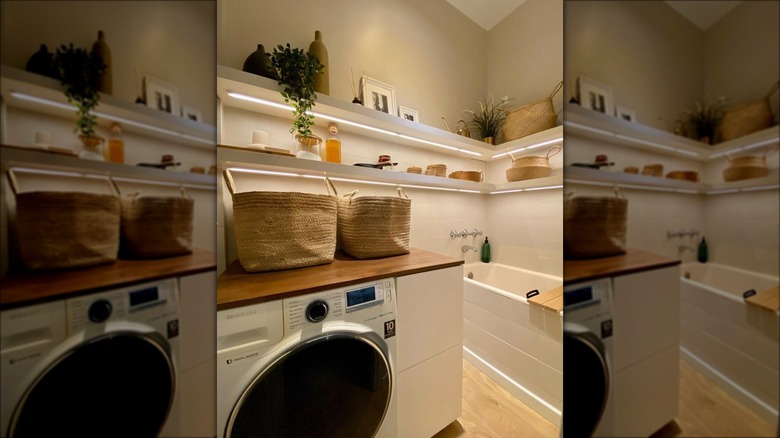 laundry room with floating shelves