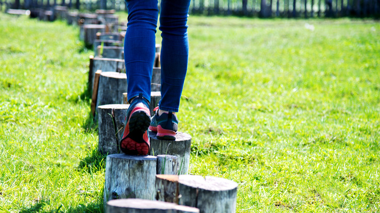 person walking on tree stumps