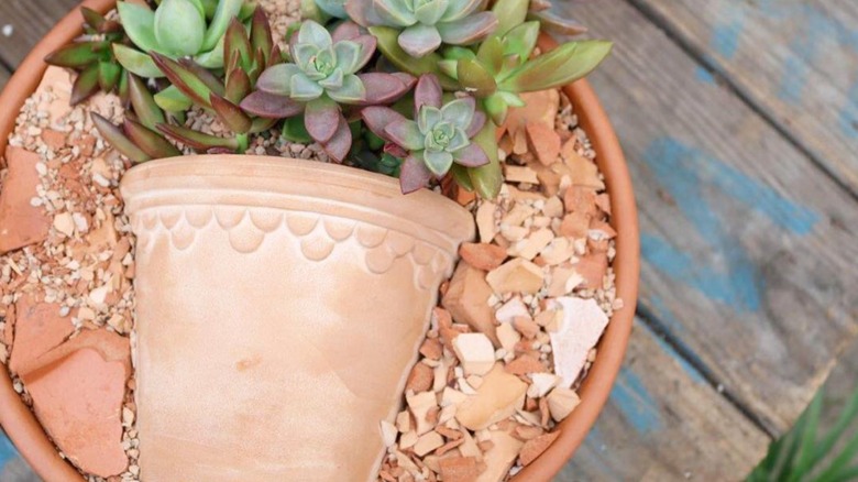 planter with crushed terracotta mulch