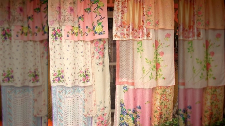 Silk scarves sewn to curtains