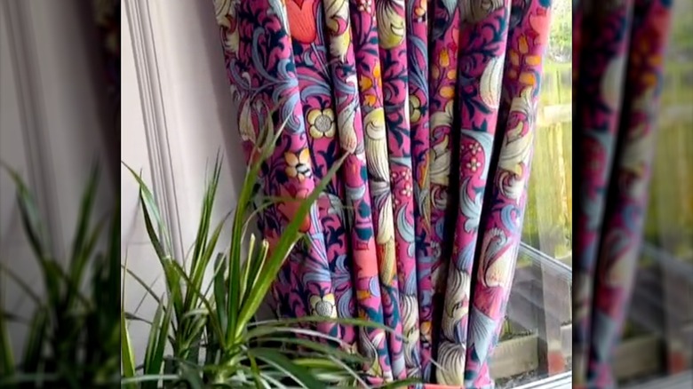 Maximalist fabric used as curtains in a living room with a plant