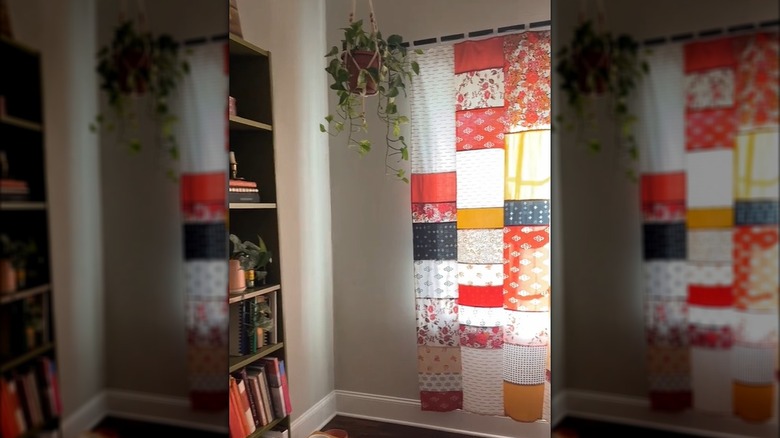 Living room with handmade patchwork curtains