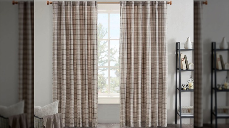 Neutral plaid curtains in a living room