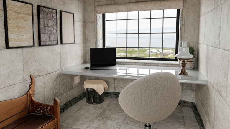 study room with limestone floors and walls   