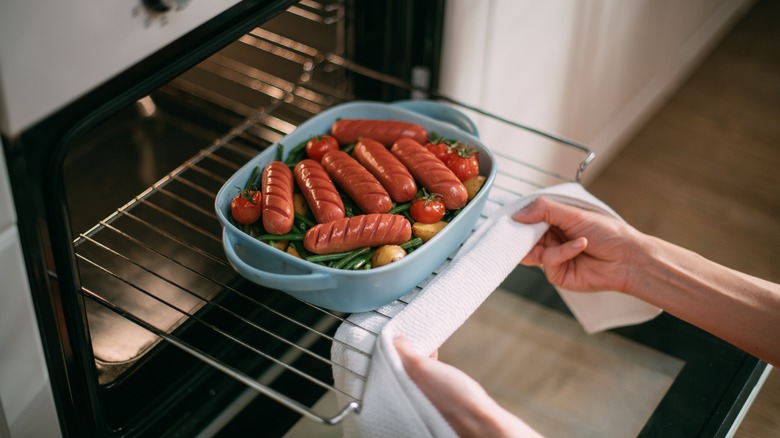 Putting ceramic dish in oven