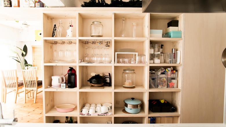 Organized open kitchen shelves