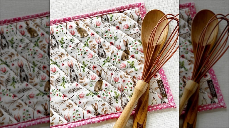 pink rabbit pattern quilted trivet