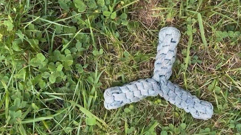 DIY Y-shaped denim dog toy in the grass