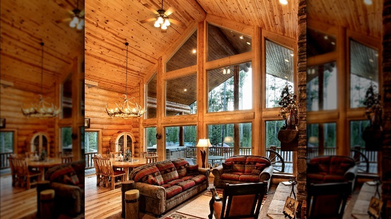 Cabin living room wood paneling 
