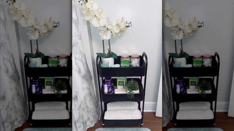 A bathroom cabinet trolley on wheels