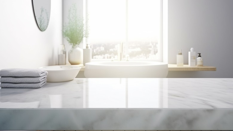 Highly polished white marble countertop