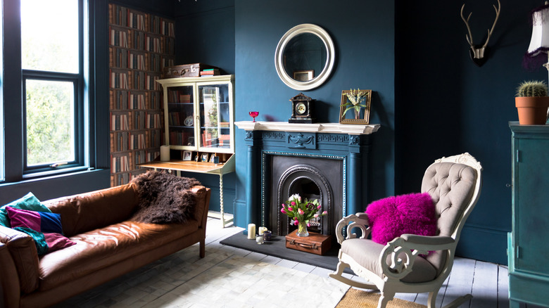 A moody blue living room