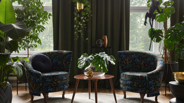 Biophilic seating area with plant-patterned armchairs, surrounded by house plants