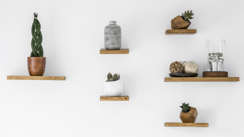 wooden wall shelves with plants