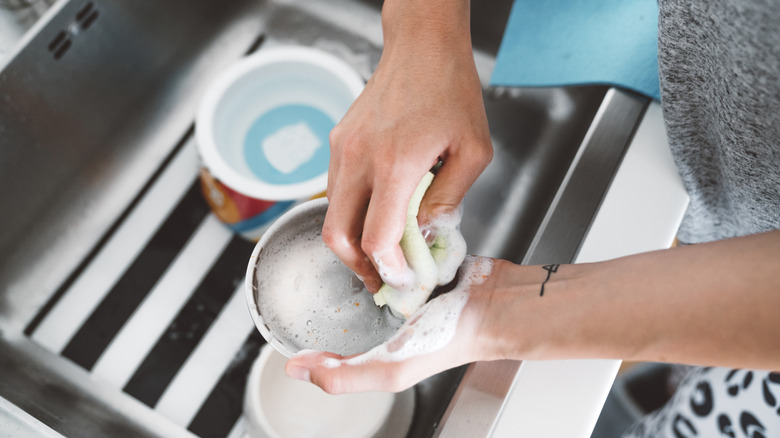 woman cleaning dog bowl