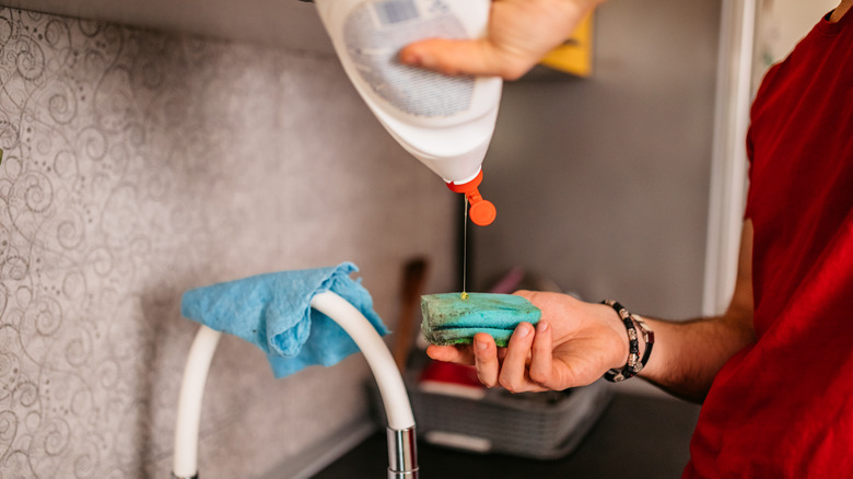 person putting soap on sponge