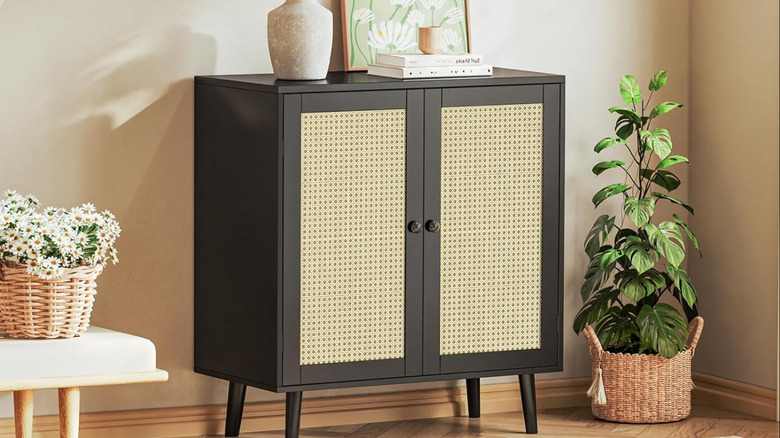 black rattan boho entryway cabinet