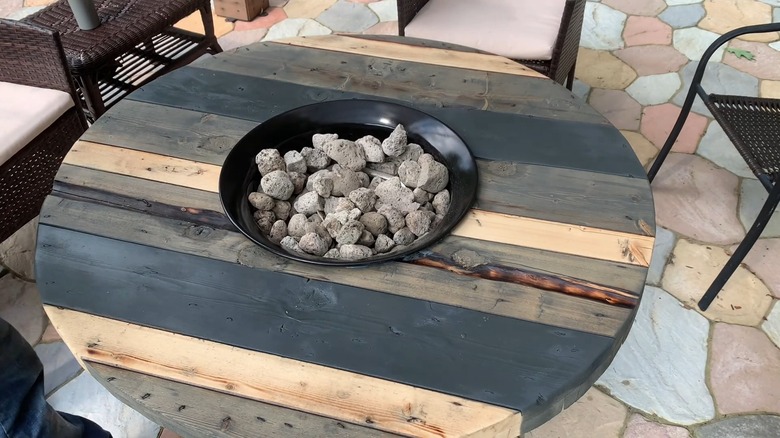 wooden cable spool with firepit