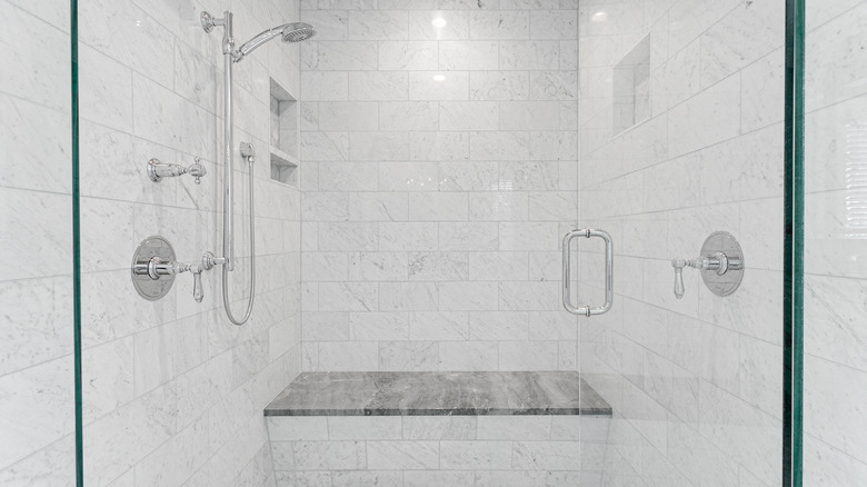 Walk-in shower with a granite bench