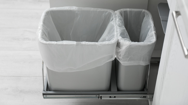 Trash cans in cabinet