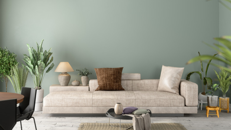 Sage green walls and cream couch