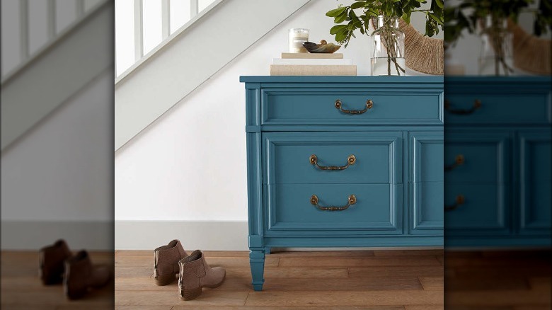 blue drawers on hutch