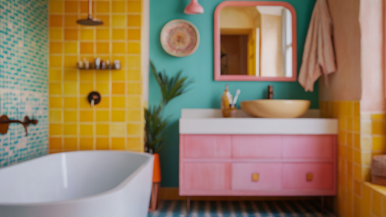 Bathroom with colorful backsplash tile and painted walls