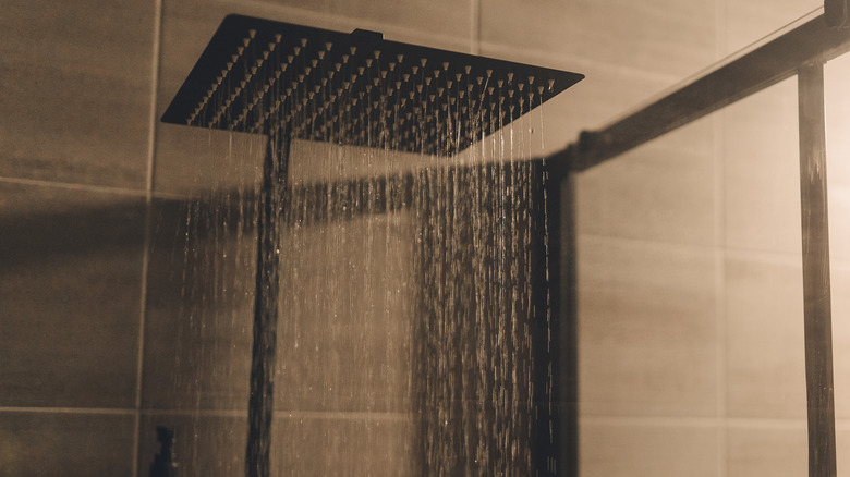 Water falling from sleek black rainshower head