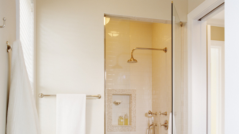 Corner shower with glass door ajar