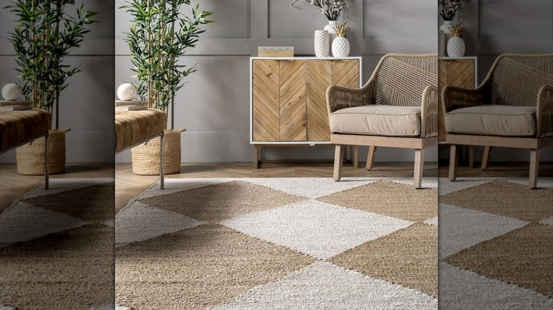 Close-up of a jute rug in a living room