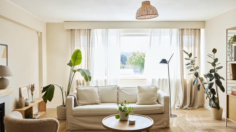 living room with bright curtains 