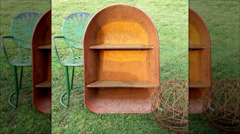 rusty wheelbarrow hanging shelf